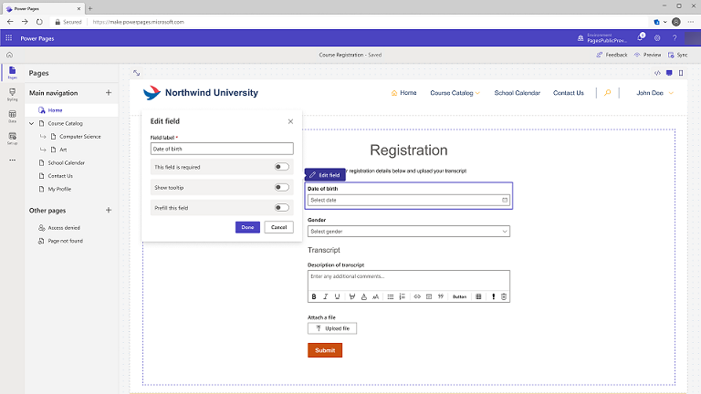 Screen showing form field configuration in Power Pages design studio.