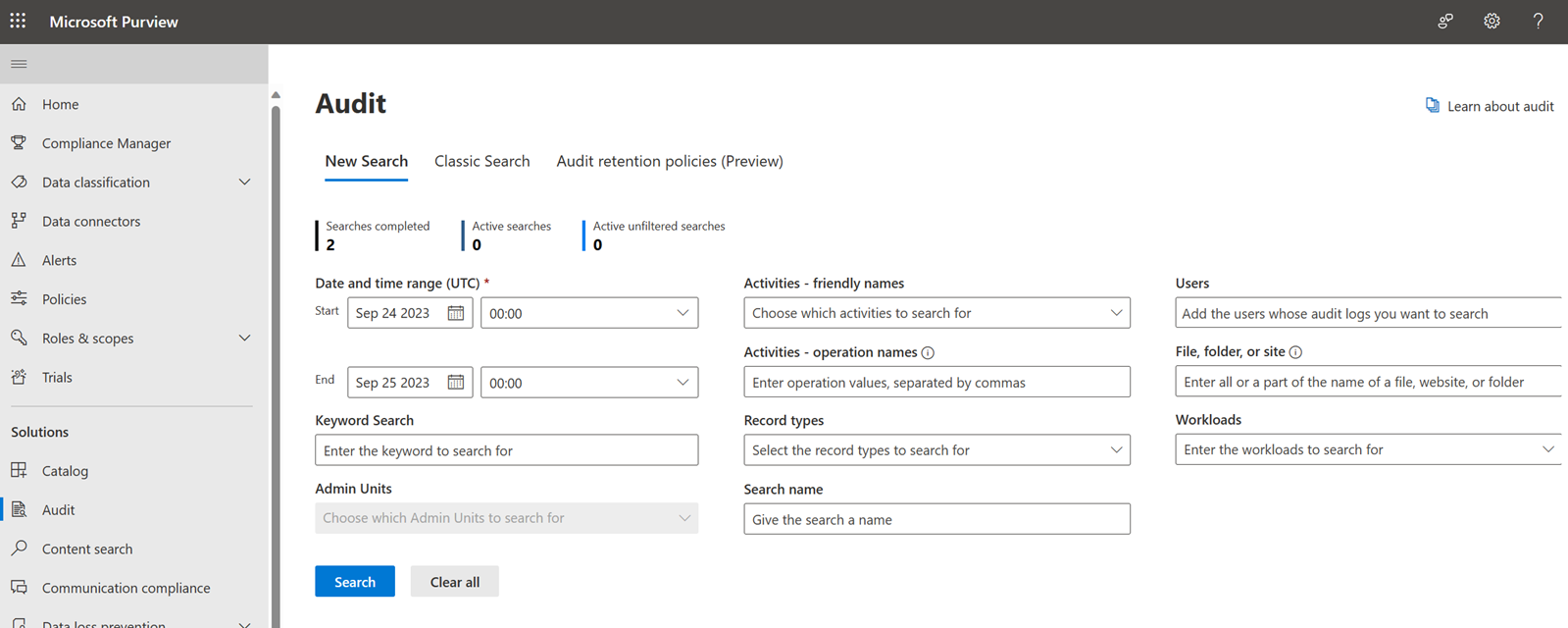 Microsoft Purview search audit page
