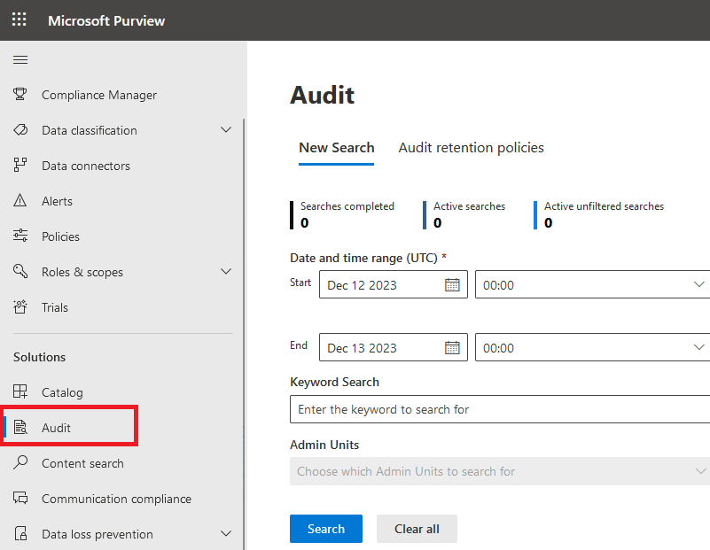 A screenshot of the New Search options for Audit.