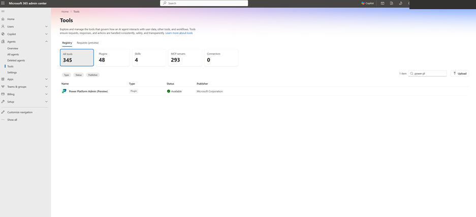 Microsoft 365 admin center Tools page with Power Platform Admin (Preview) listed in the Registry.