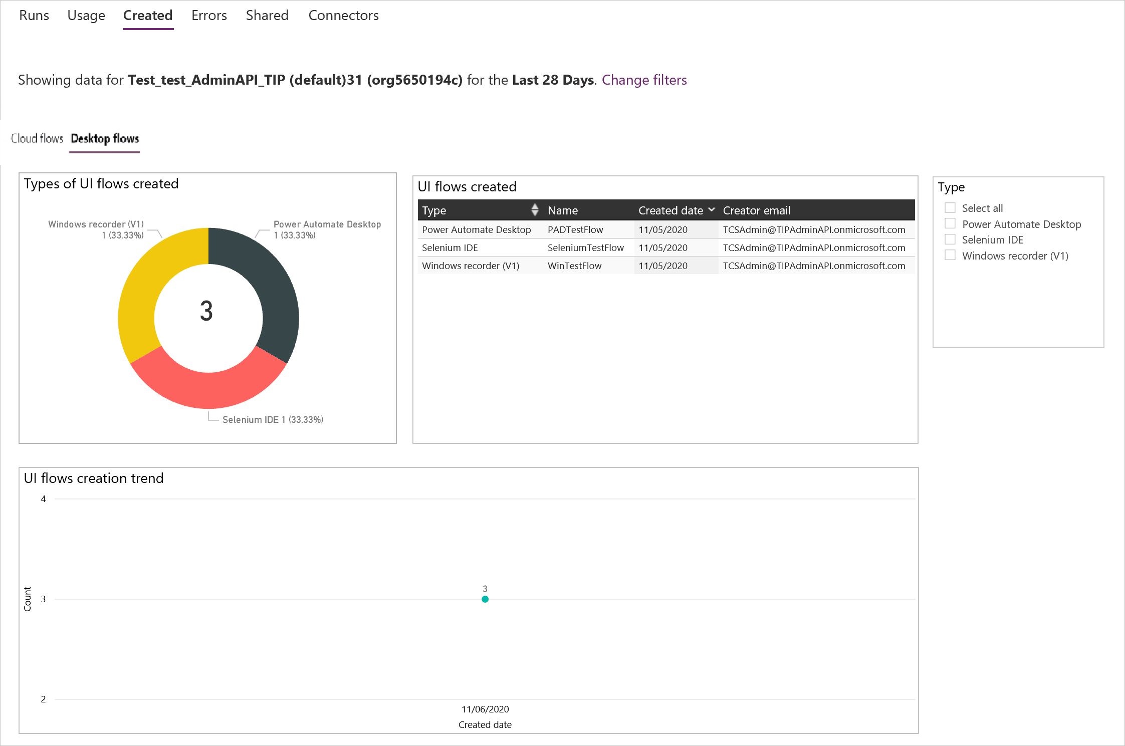 A screenshot of the desktop flow created reports.