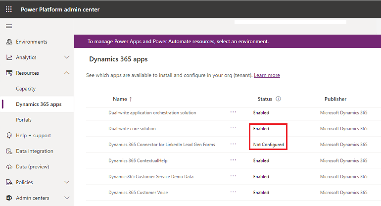 Manage apps tenant view.