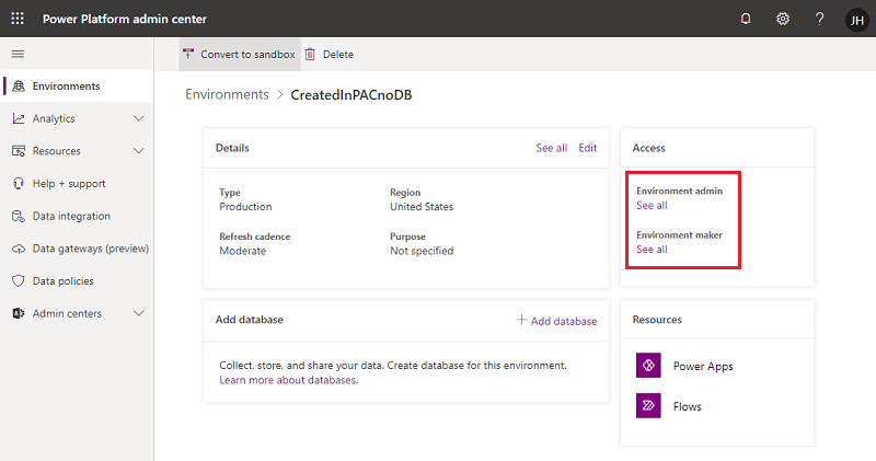 Screenshot of selecting a security role in the Power Platform admin center.