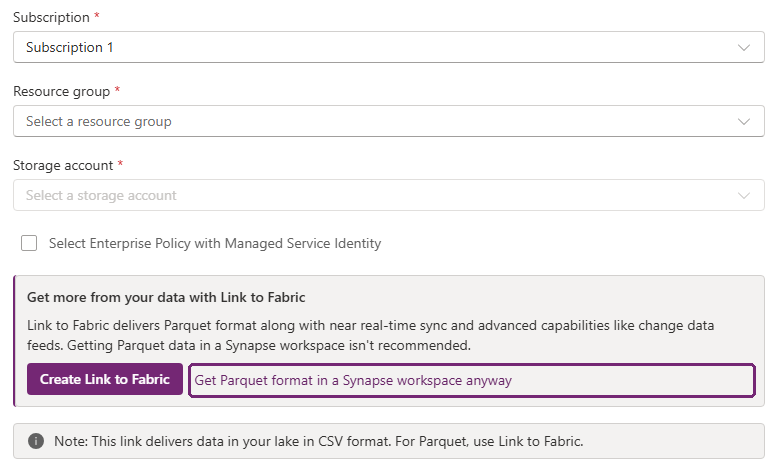 Create Link to Data lake panel with the existing-customer Parquet option highlighted.