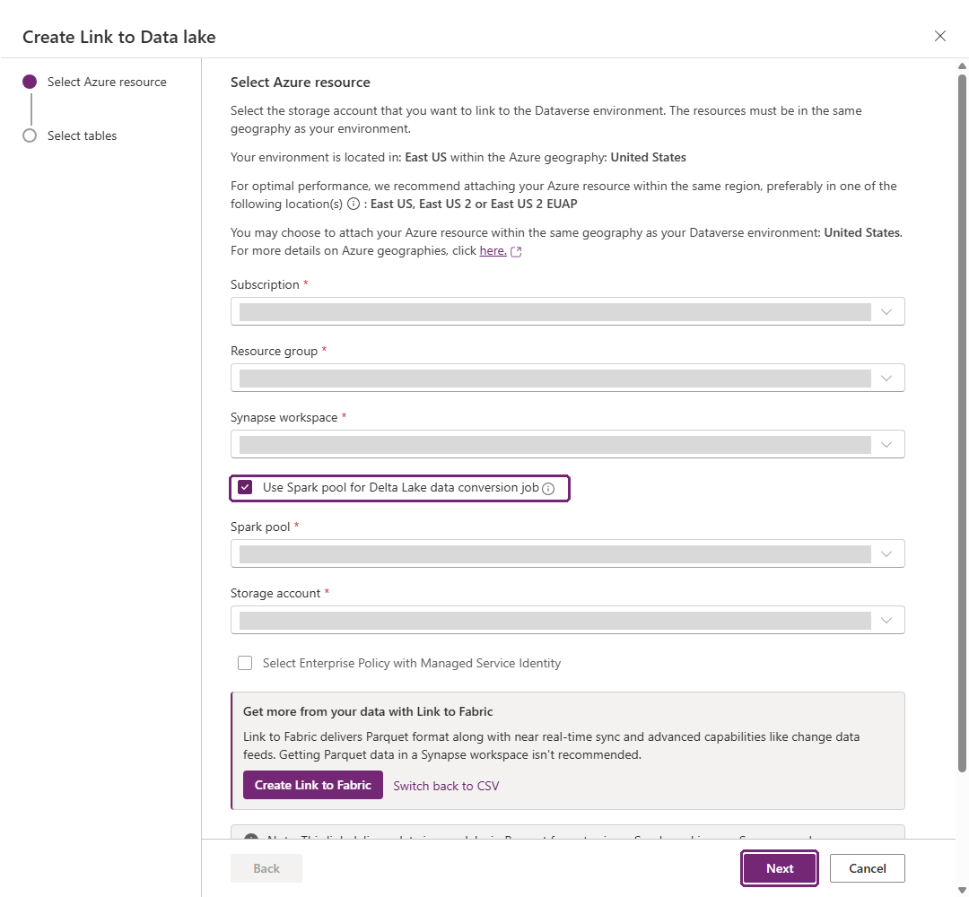 Create Link to Data lake panel with Spark enabled for the Delta Lake conversion job.