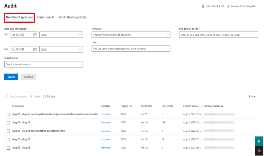 Screenshot of the Audit screen in the Microsoft Purview compliance portal.