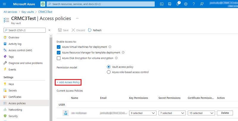 Screenshot of Azure Key Vault Add access policy selected.