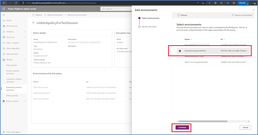 Add environment to enterprise policy on Power Platform admin center