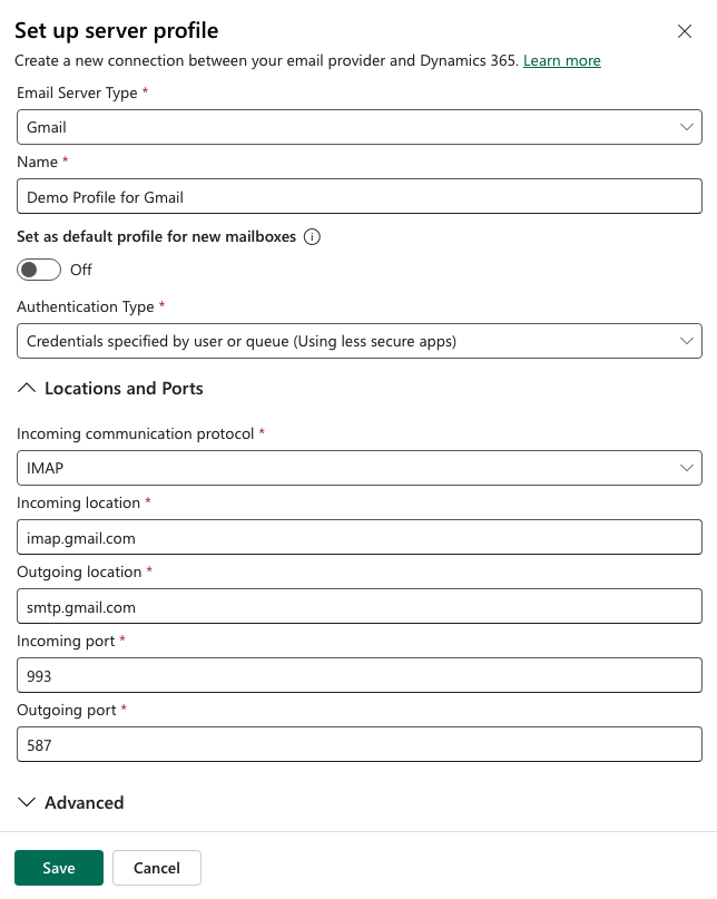 The Set up server profile panel is where you enter all the Gmail server details.