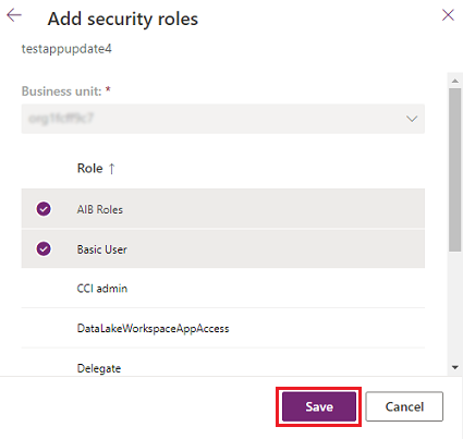 Screenshot of Add security roles to the new application user.