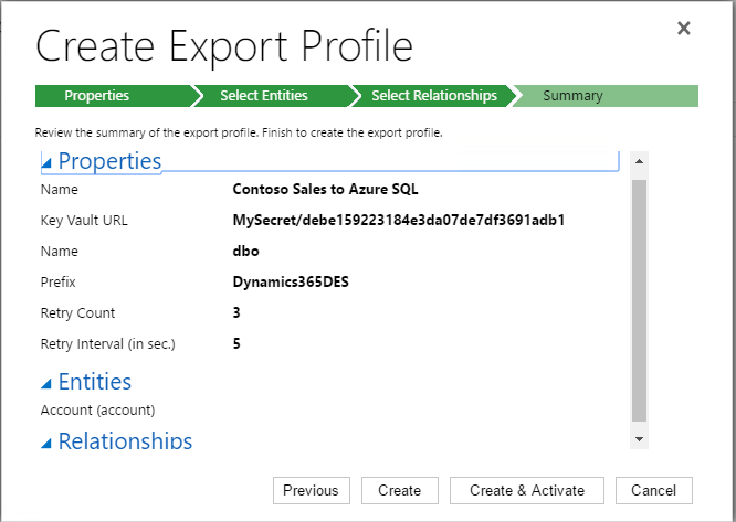 Summary tab in Create Export Profile dialog box.