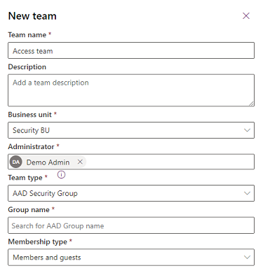 Screenshot of settings for a new Azure AD team.