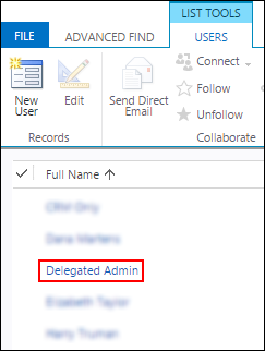 Delegated admin appears in user list.