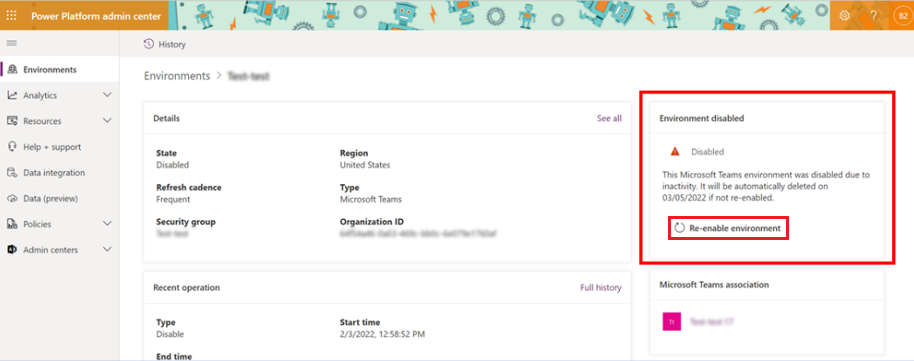 Screenshot of the disabled environment alert on the Environment page, with the Re-enable environment checkbox highlighted.