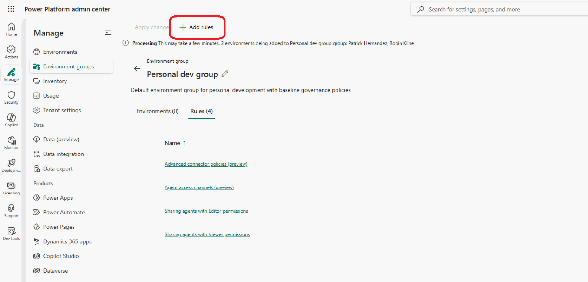rules gallery experience in the Power Platform admin center showing available governance rules.
