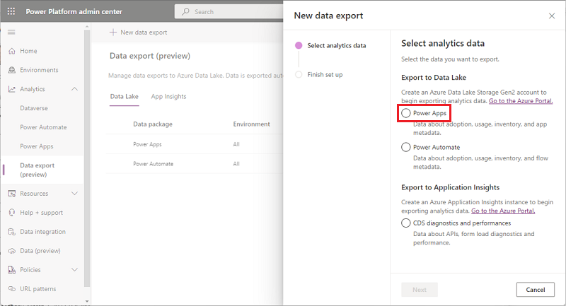 Screenshot showing Power Apps selected for export to data lake.