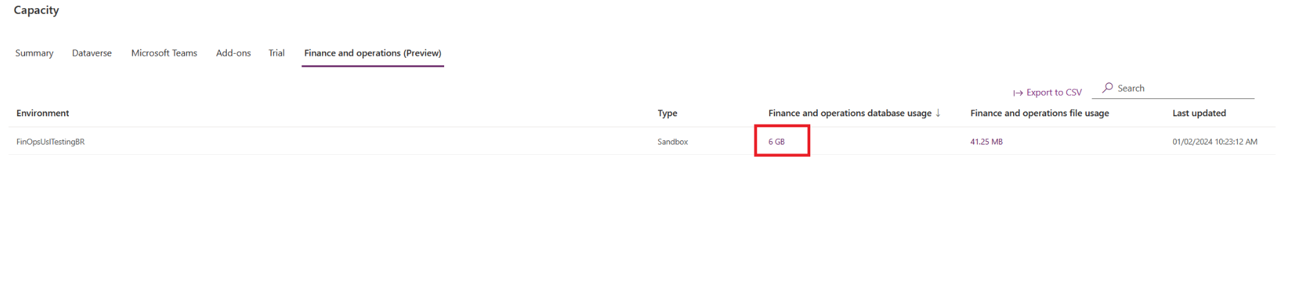 Screenshot of the tab showing storage consumption for each finance and operations environment.