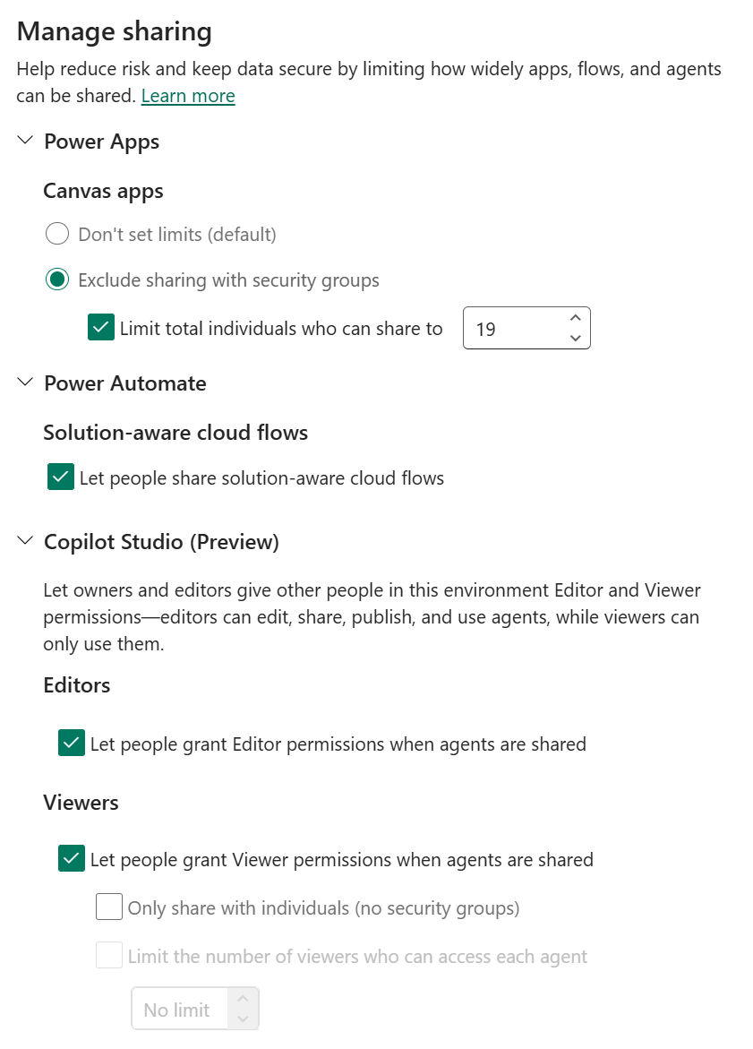 Screenshot of an Edit Environment Management settings screen, with Limit sharing highlighted.