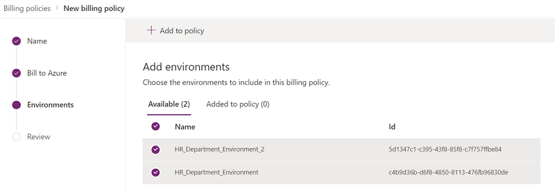 Available environments to add billing policy