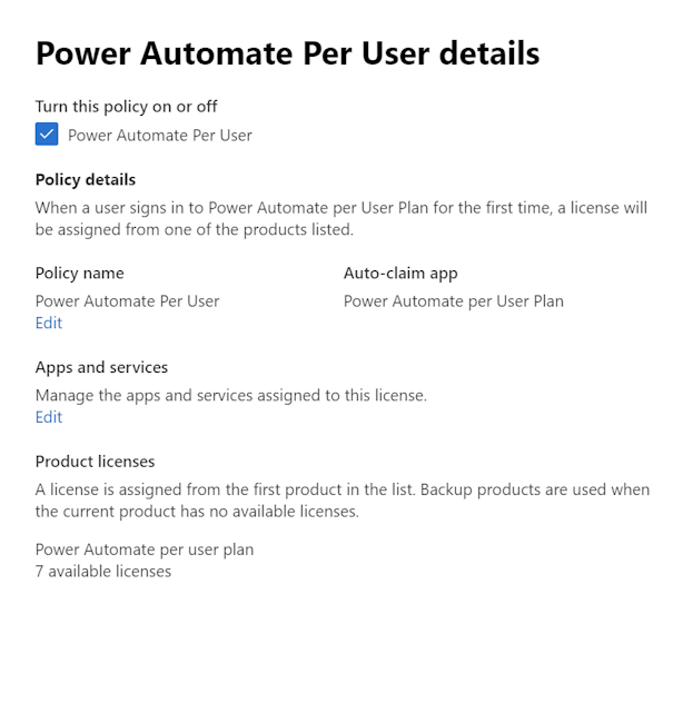 Screenshot of Auto-claim policy configuration for Power Automate.