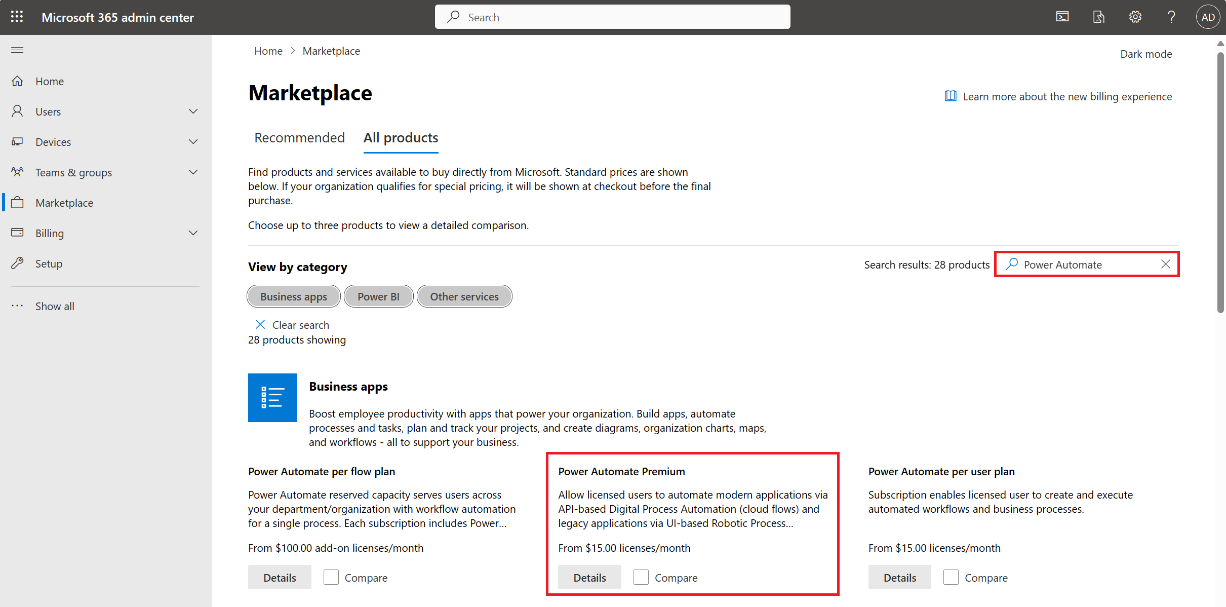 Screenshot of selecting a licensing plan.