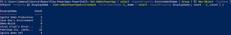 User PowerShell to get environment app number details.