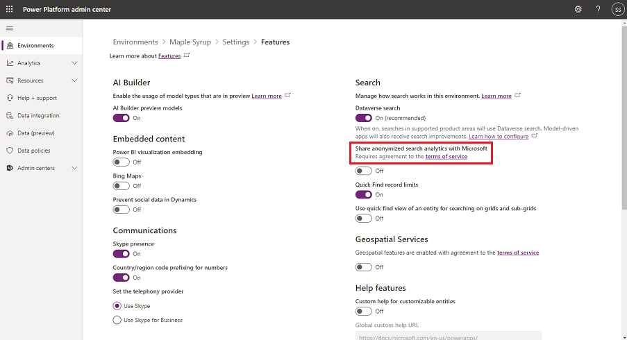 Set Share anonymized search analytics with Microsoft to On.