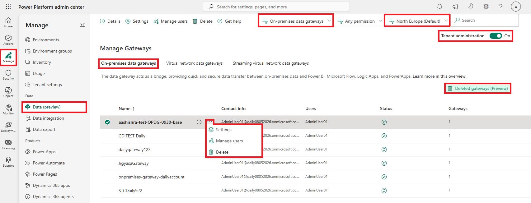 Gateways in the Power Platform Admin Center
