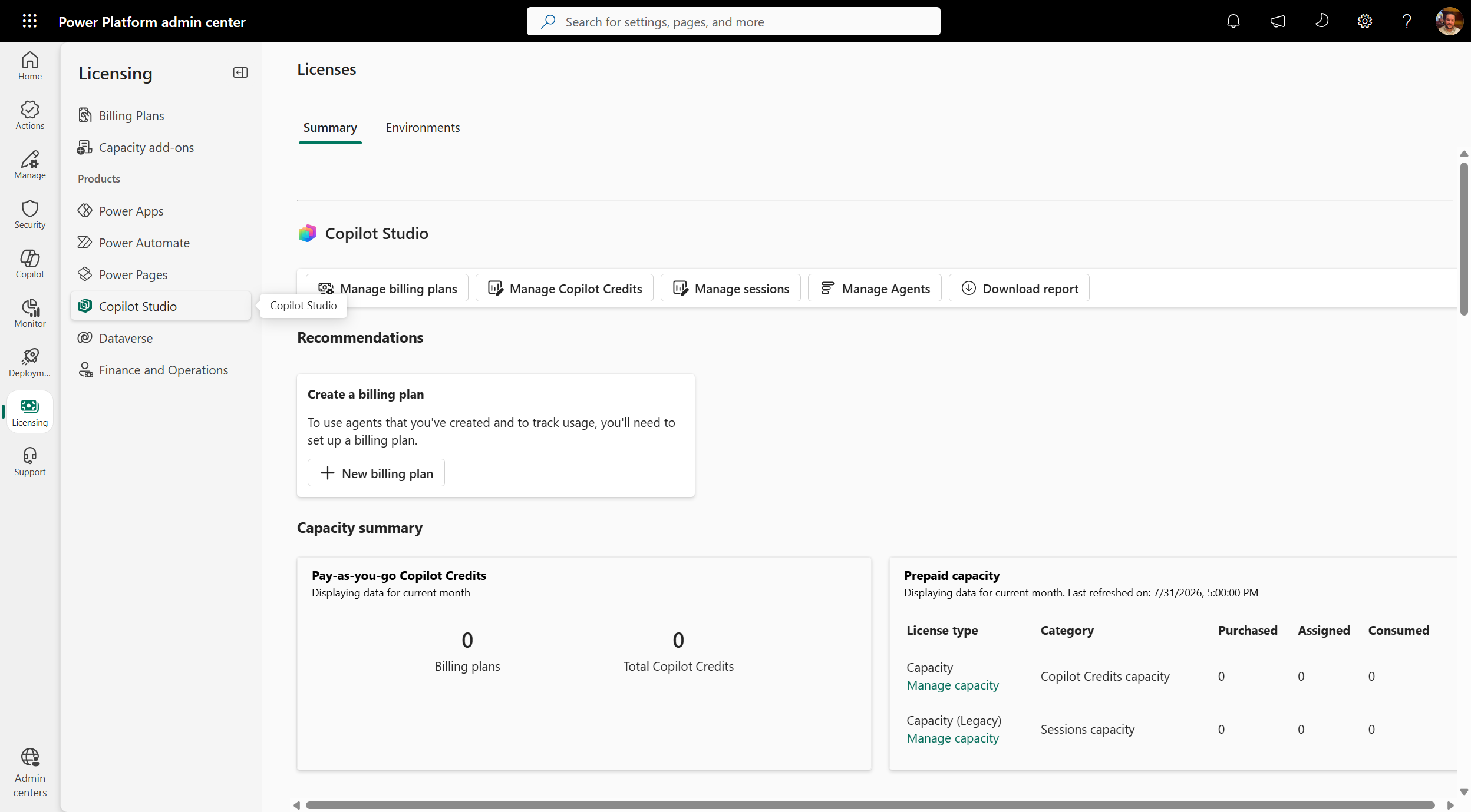 Screenshot of the Copilot Studio licensing page with the Manage Copilot Credits button highlighted.