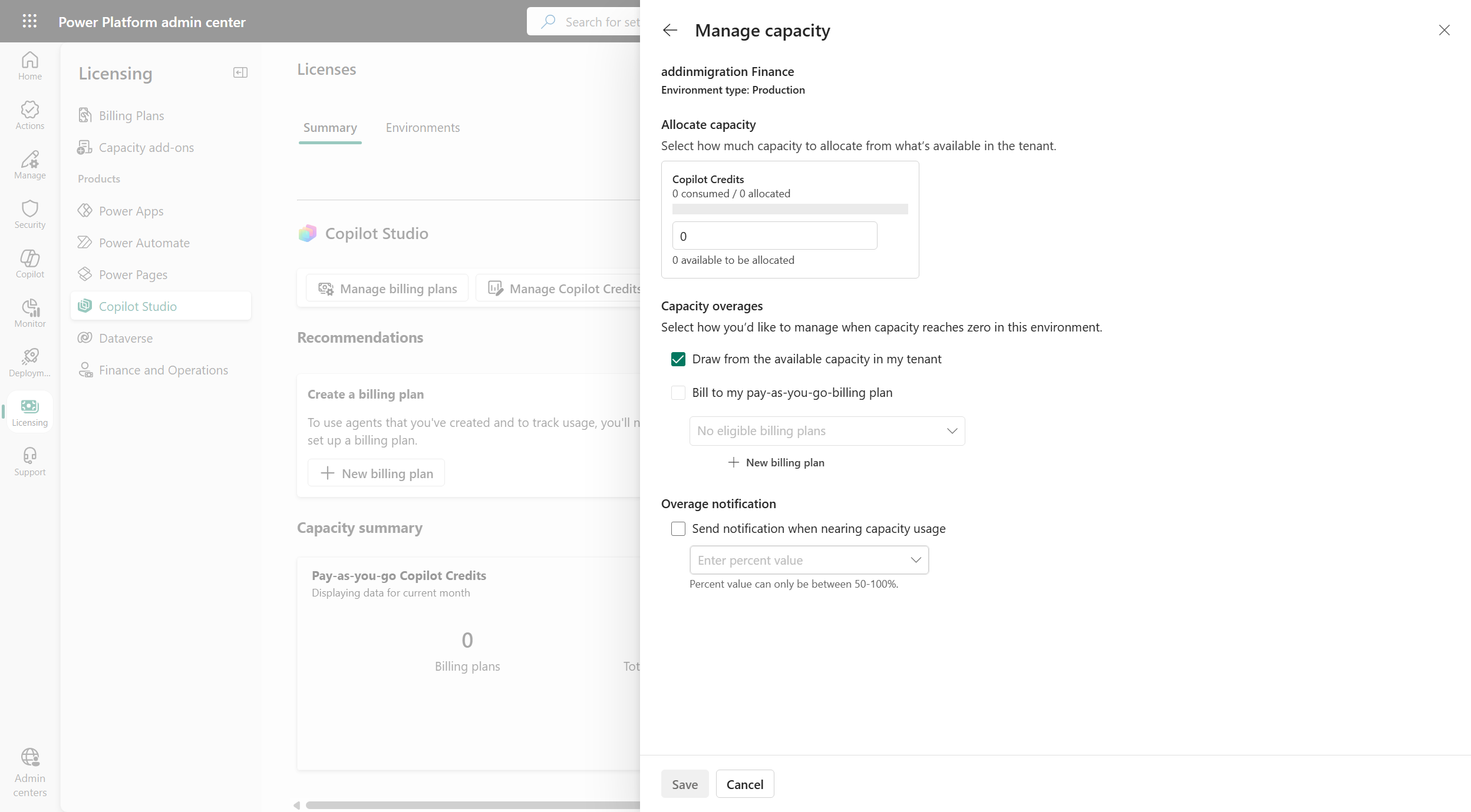 Screenshot of the Manage capacity pane showing the Allocate capacity field and the Draw from the available capacity in my tenant checkbox.