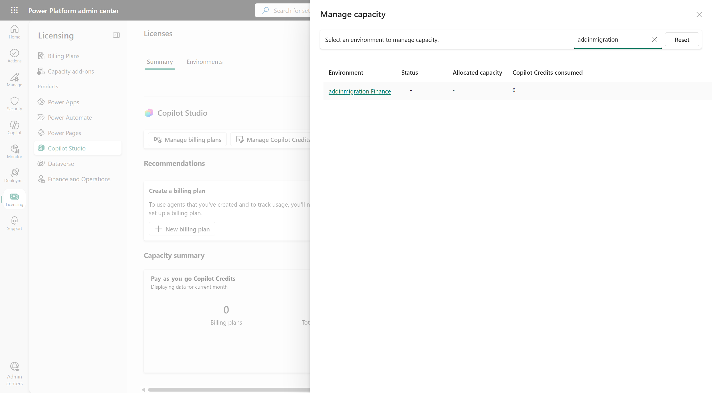 Screenshot of the Manage capacity pane with an environment selected from the list.