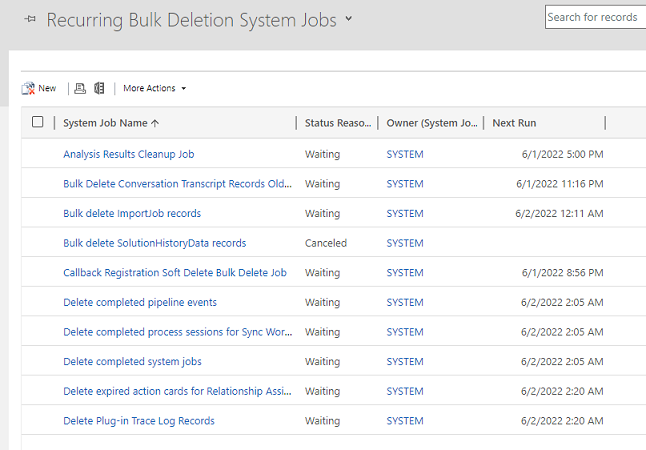 The Recurring Bulk Deletion System Jobs view.