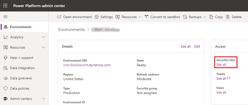 Screenshot of the option to view all security roles in the Power Platform admin center.