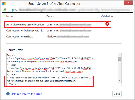 Screenshot of the Test Connection dialog with an issue with "Auto discovering server location" and details about the error in the Failure Details box.