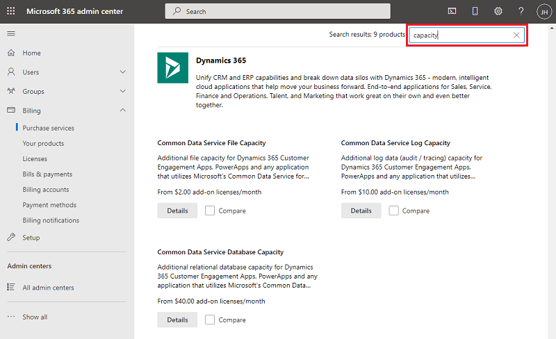 Search for capacity to list Dynamics 365 apps for capacity add-on storage to purchase.