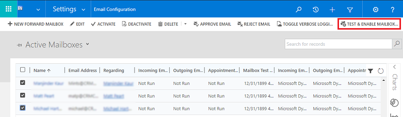 Screenshot showing the Test & Enable Mailbox command.