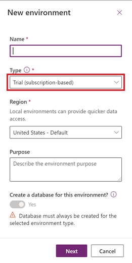 Create a new trial (subscription-based) environment, page two.