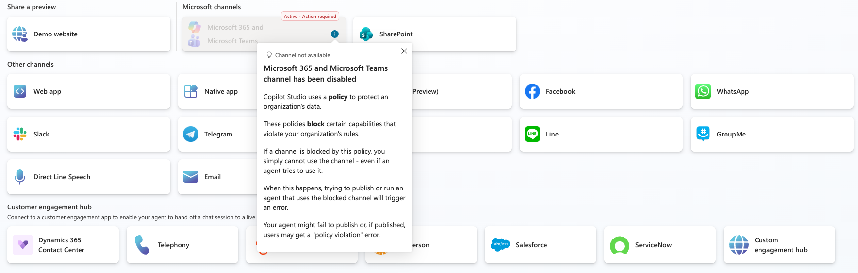 Screenshot of blocked Microsoft 365 and Teams channel showing tooltip explaining the channel is disabled by policy.