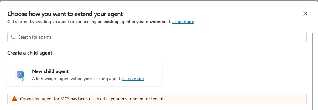 Screenshot displaying blocked connected agent warning in Copilot Studio panel.