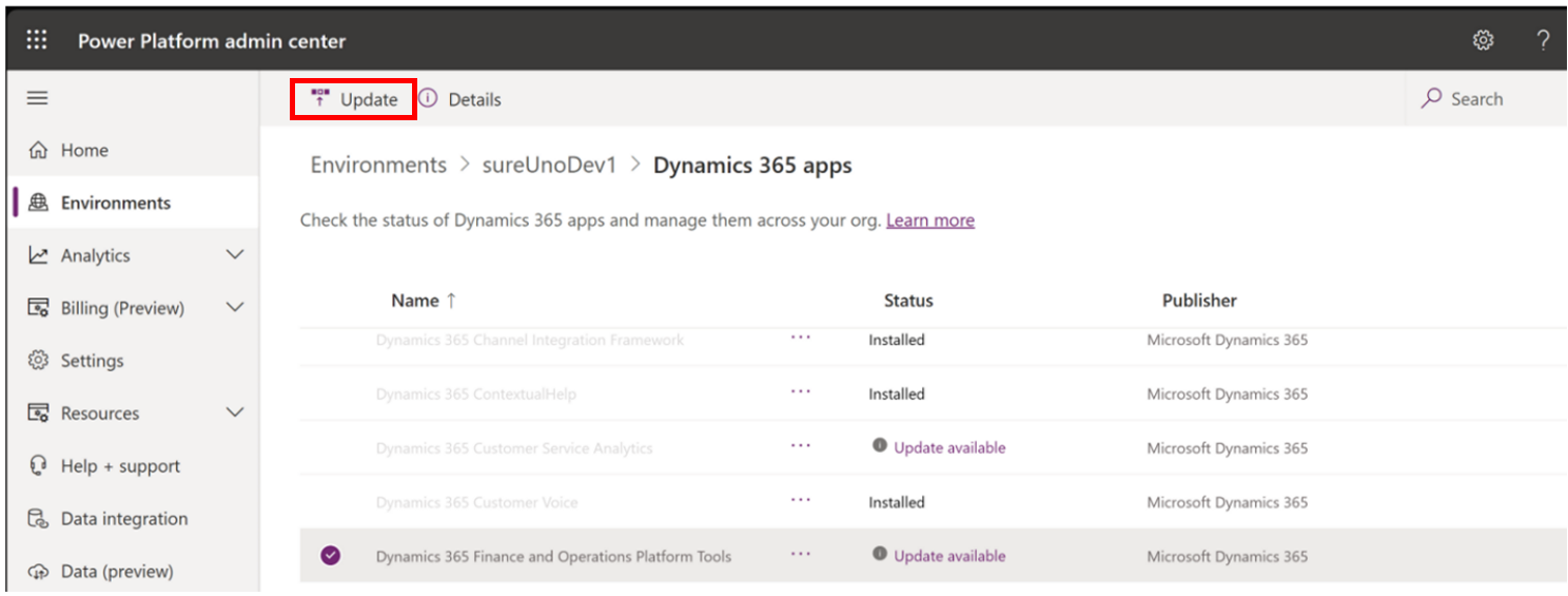 Dynamics 365 Finance and Operations platform tools showing an Update available status.
