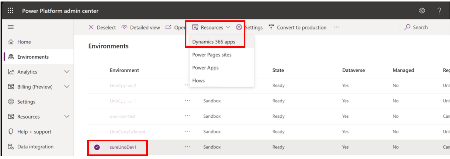 Viewing Dynamics 365 apps from the environment resources menu.
