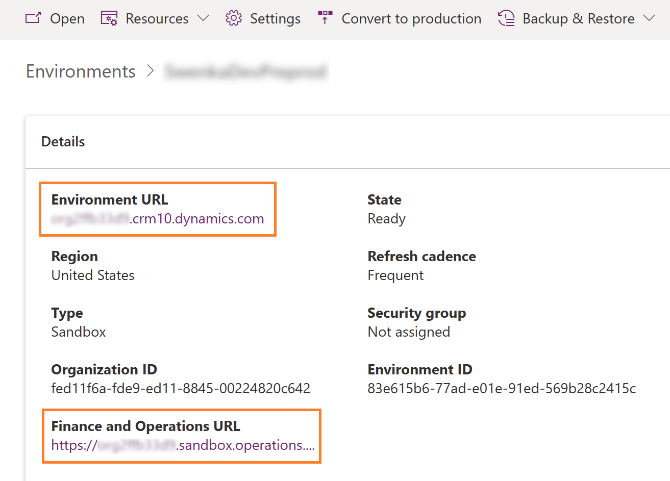 Screenshot that shows two URLs for customer engagement and finance and operations apps in your environment.