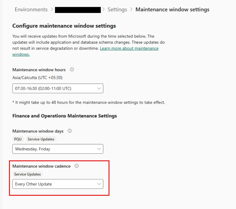 Screenshot of the maintenance window cadence setting.