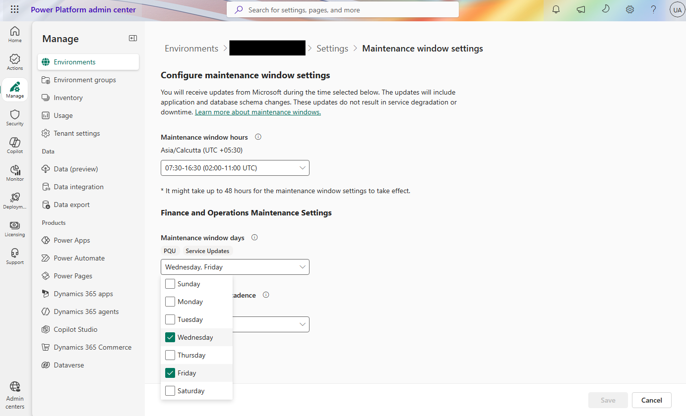 Screenshot of the weekday selection on the Maintenance window settings page.