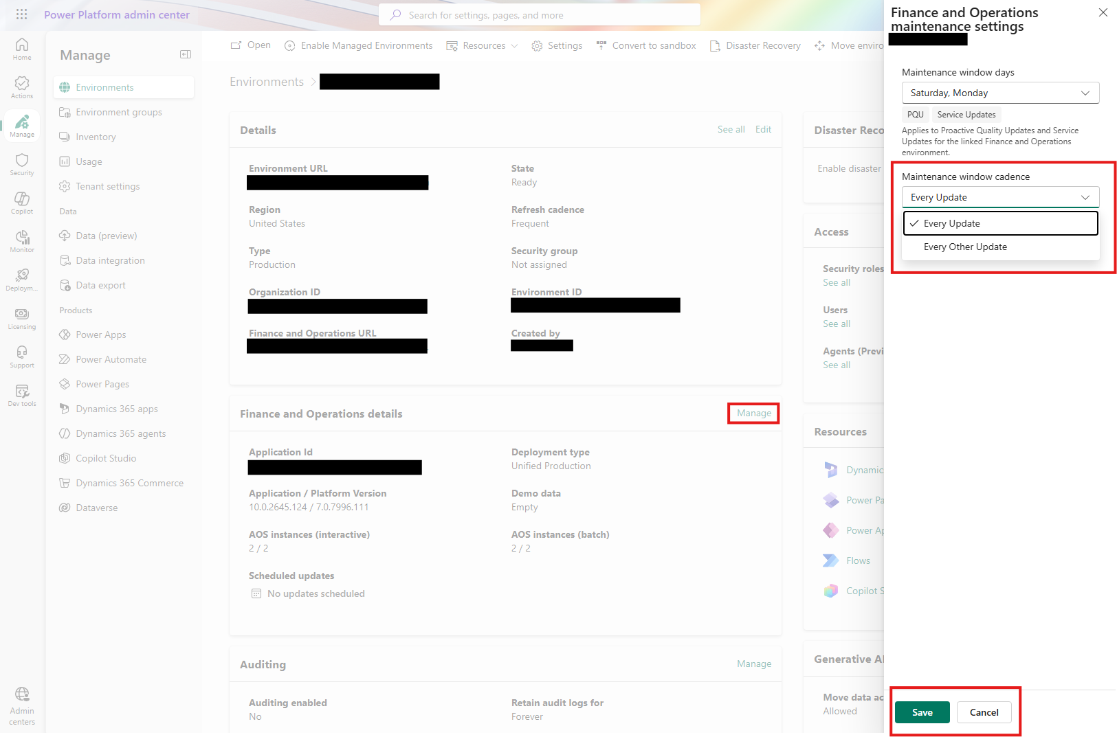 Screenshot of the cadence selection on the finance and operations details card.