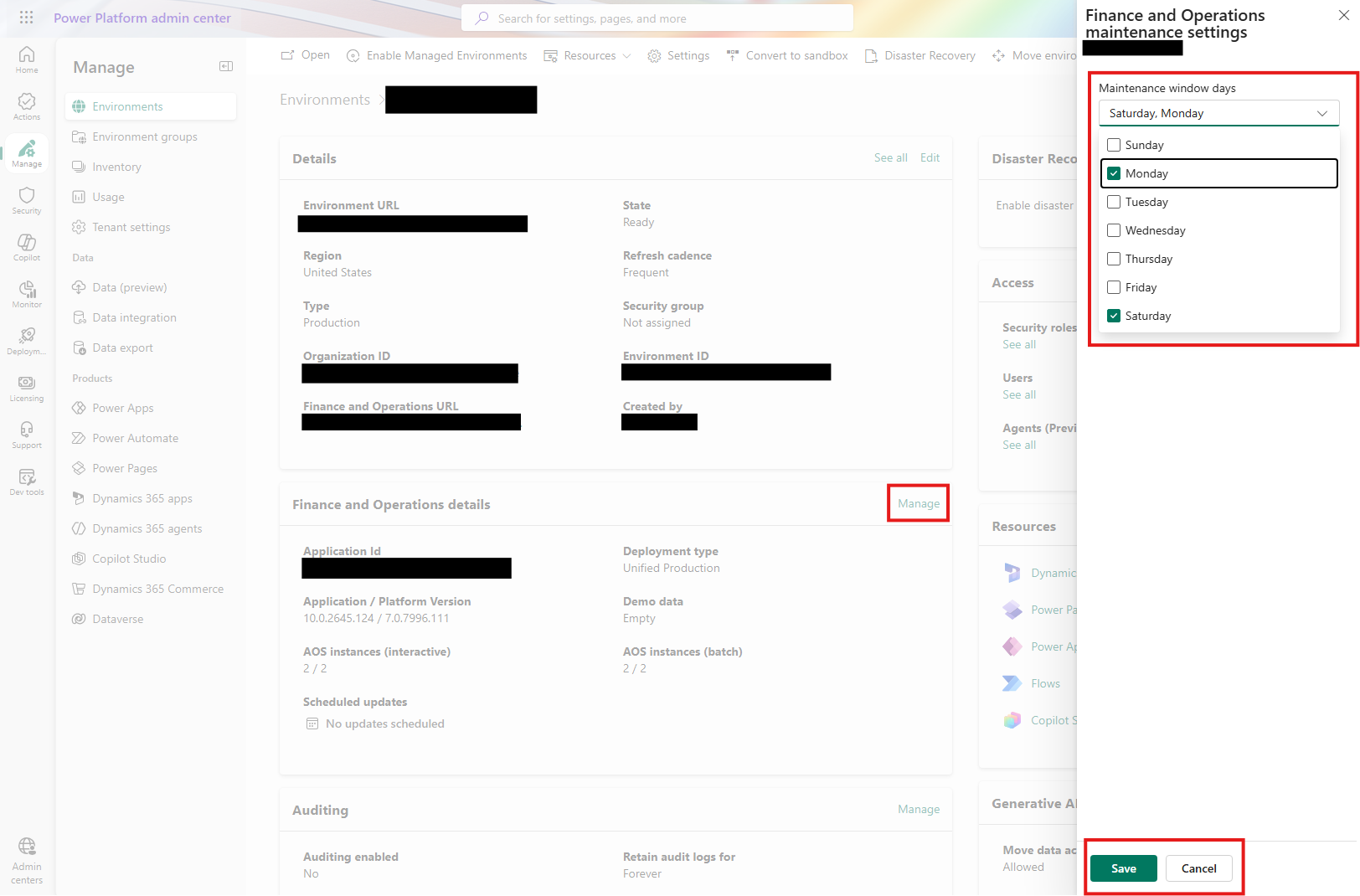 Screenshot of the weekday selection on the finance and operations details card.