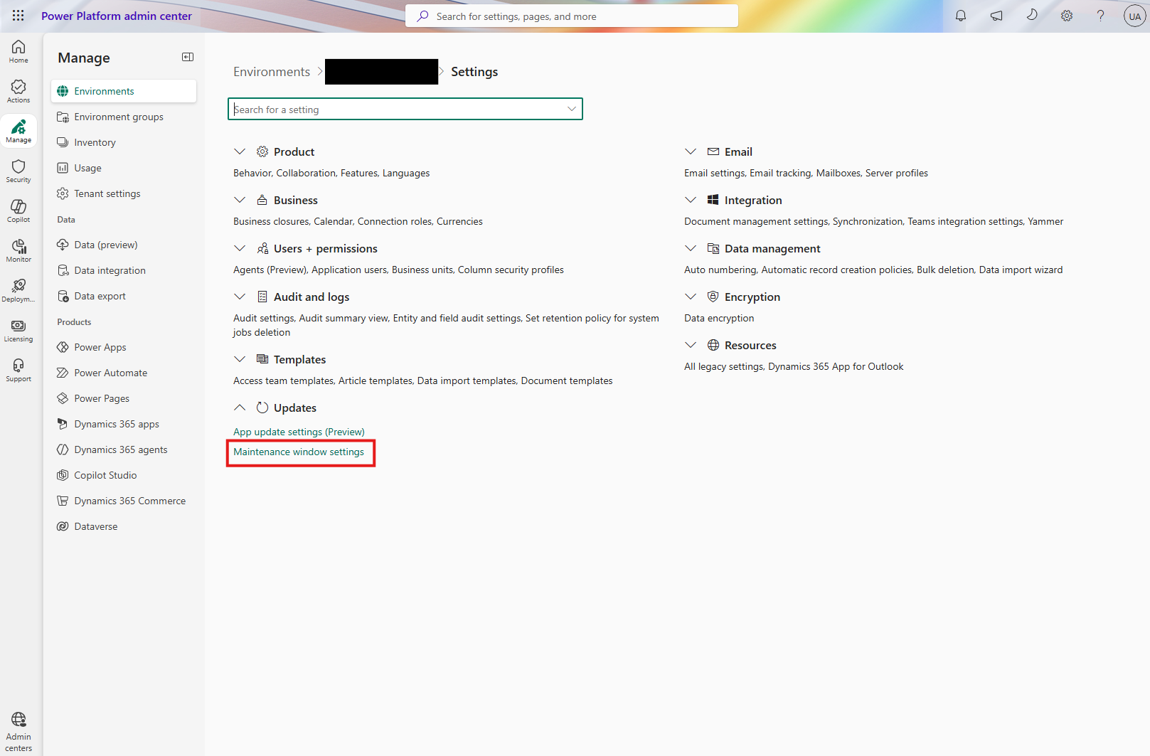 Screenshot of the Maintenance window settings selection on Settings Page.