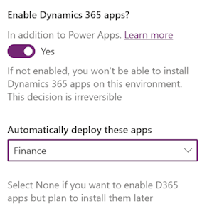 Enable the Dynamics 365 apps and select the appropriate template for your license.