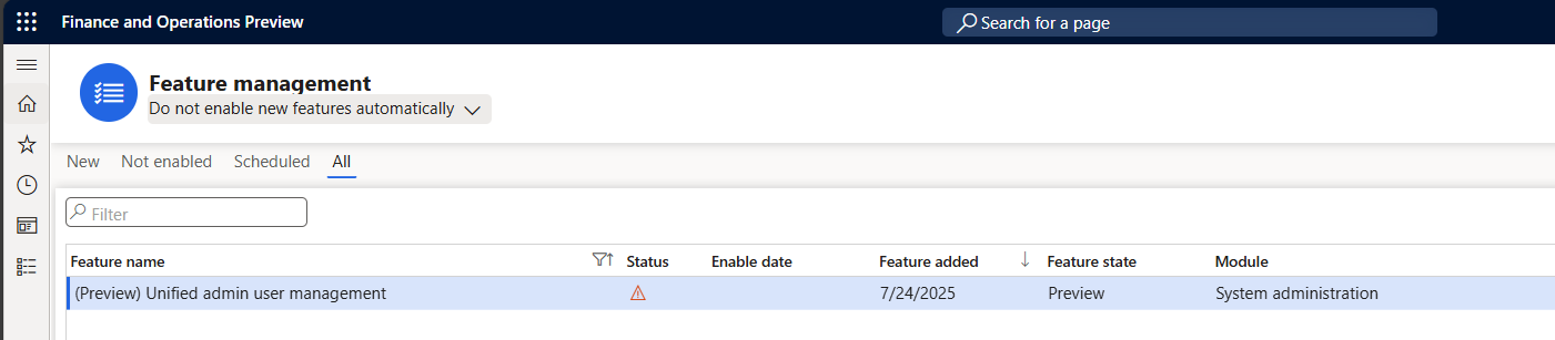 Shows the Feature Management page with the Unified admin user management feature.