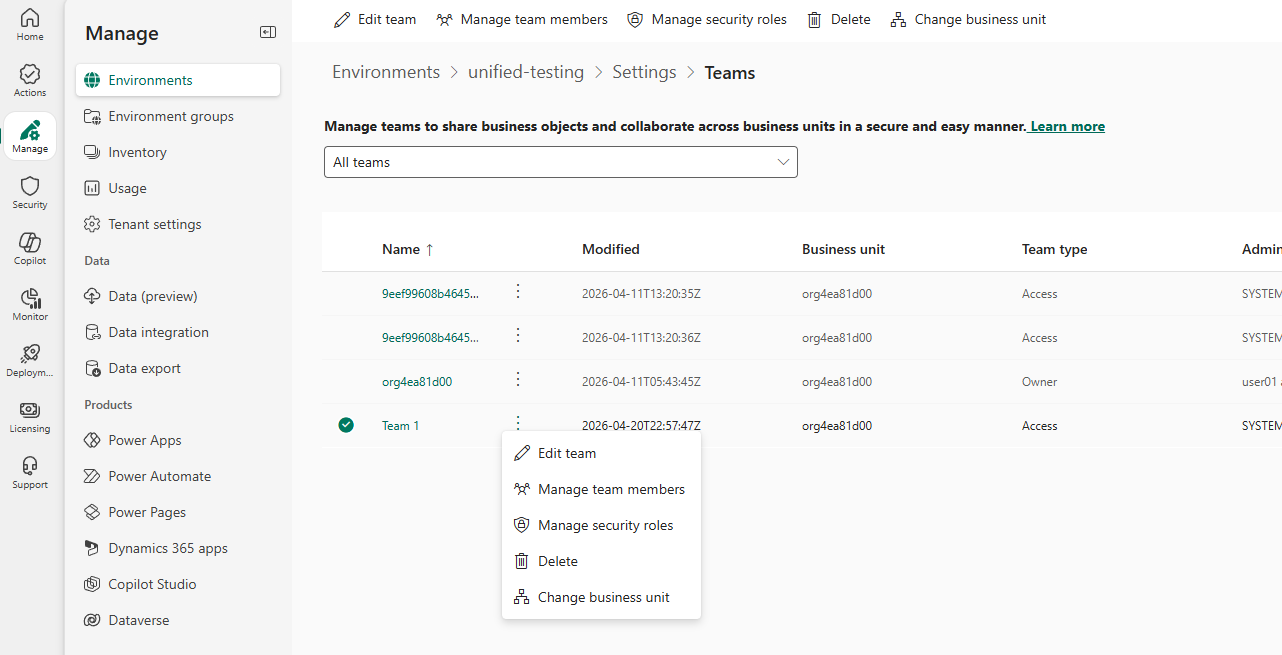 Shows the Teams settings page in the Power Platform admin center where you can manage unified admin teams.
